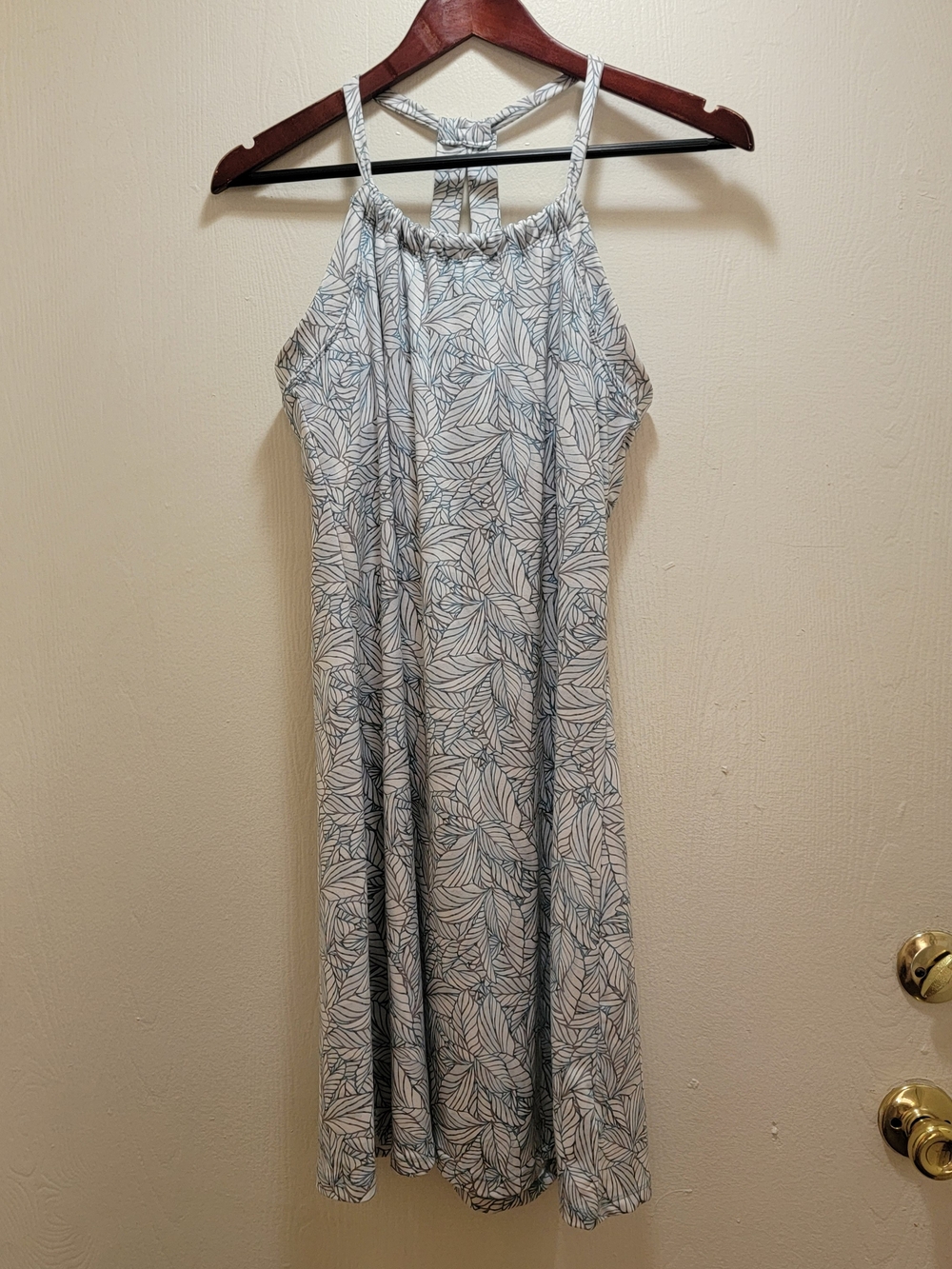 Eddie Bauer Cream and Blue Leaf-Print Halter Dress
